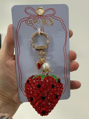 Studio Works Red Crystal Strawberry Keychain with Gold Hardware